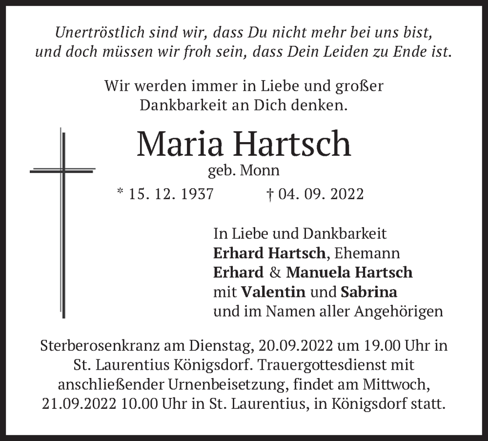  Traueranzeige für Maria Hartsch vom 17.09.2022 aus merkurtz