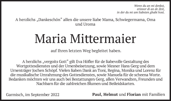Traueranzeige von Maria Mittermaier von merkurtz