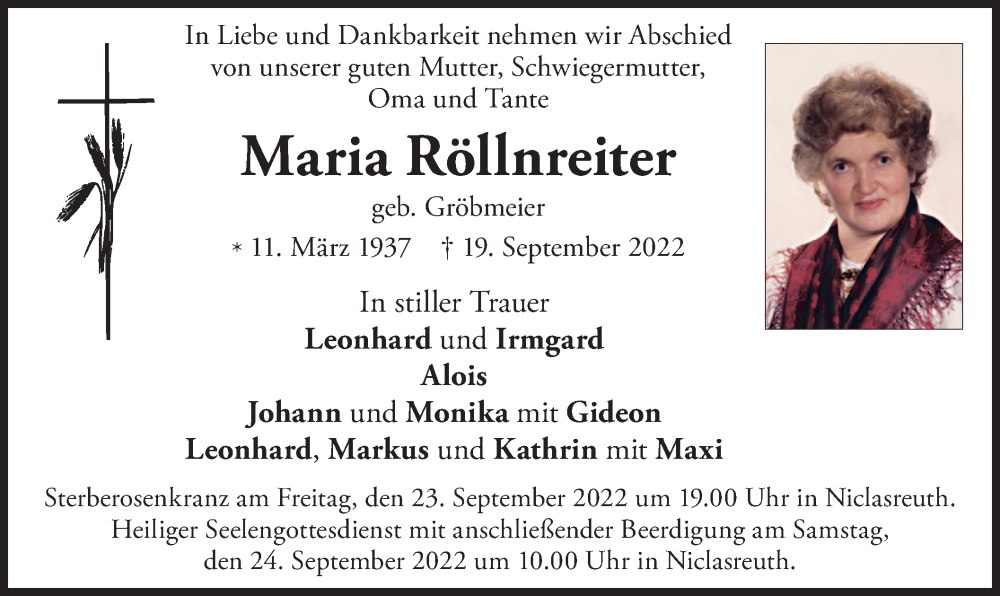  Traueranzeige für Maria Röllnreiter vom 21.09.2022 aus merkurtz