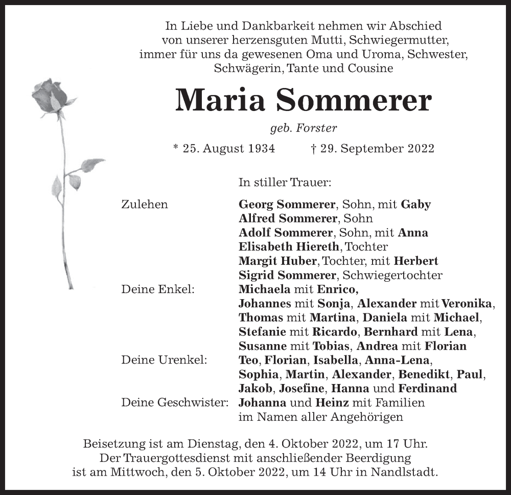  Traueranzeige für Maria Sommerer vom 01.10.2022 aus merkurtz