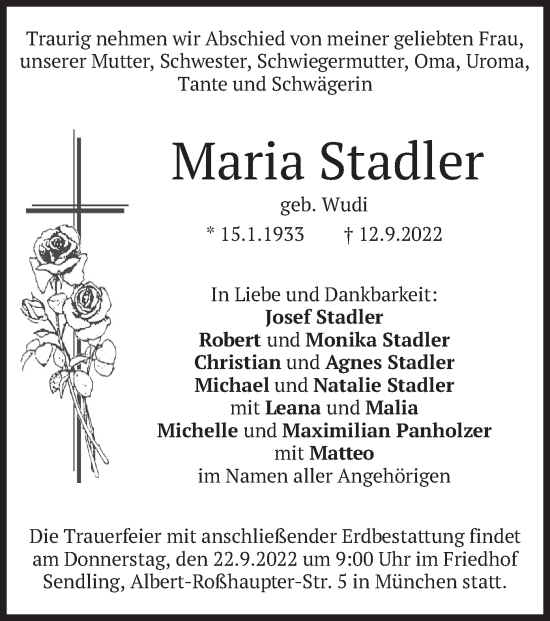 Traueranzeige von Maria Stadler von merkurtz