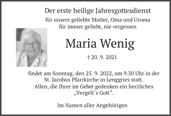 Traueranzeige von Maria Wenig von merkurtz