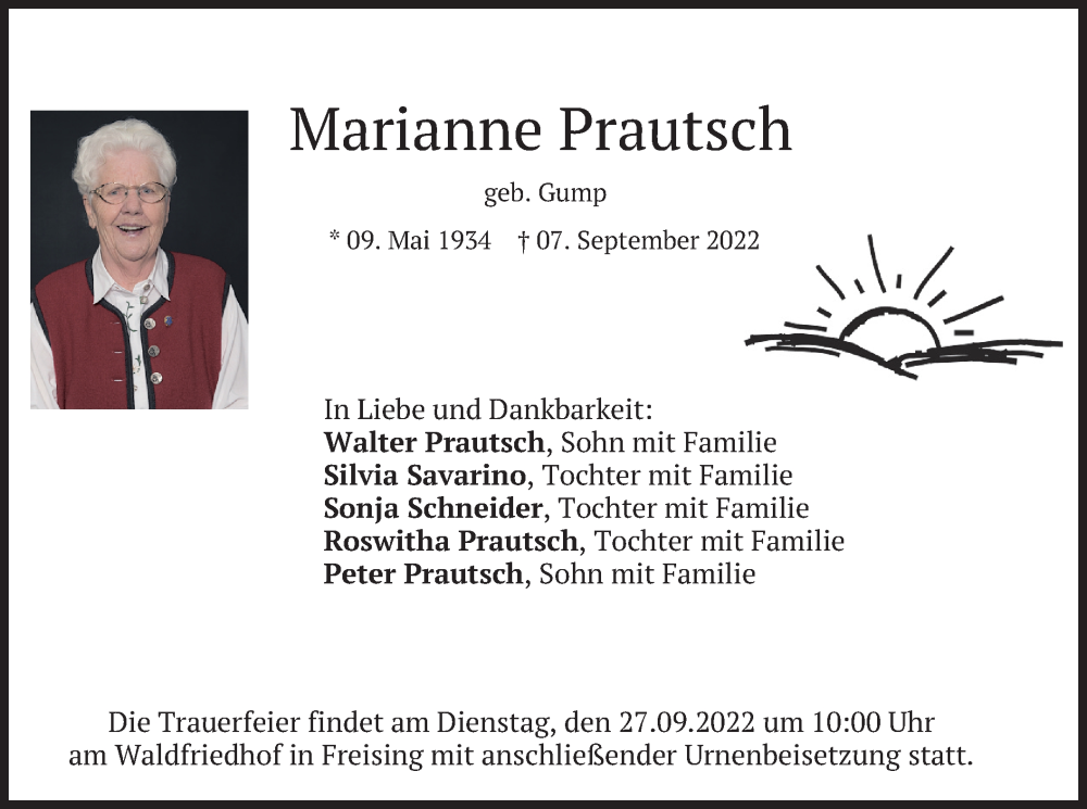  Traueranzeige für Marianne Prautsch vom 24.09.2022 aus merkurtz