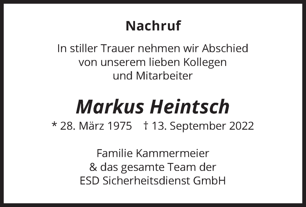  Traueranzeige für Markus Heintsch vom 24.09.2022 aus merkurtz