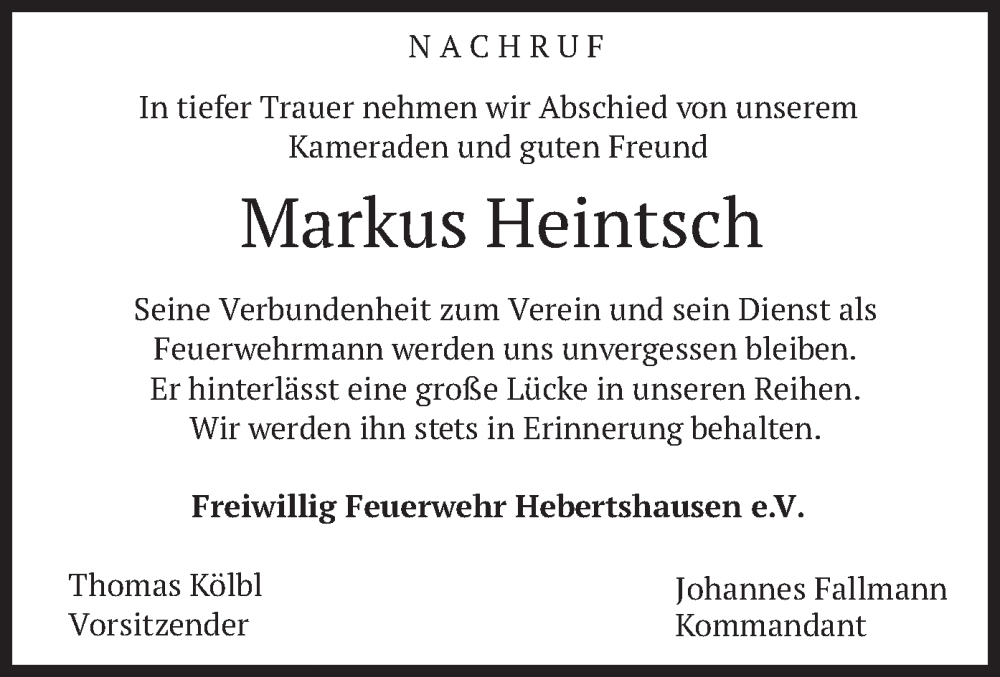  Traueranzeige für Markus Heintsch vom 17.09.2022 aus merkurtz