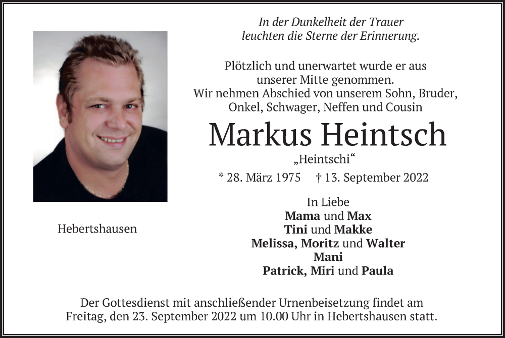  Traueranzeige für Markus Heintsch vom 17.09.2022 aus merkurtz