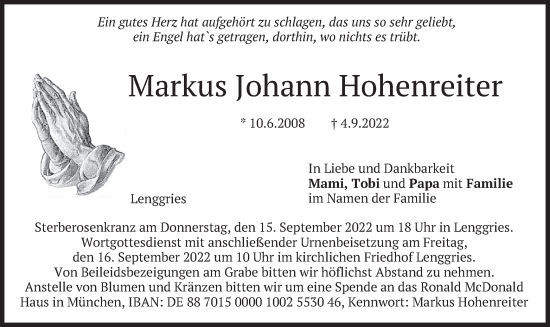Traueranzeige von Markus Johann Hohenreiter von merkurtz