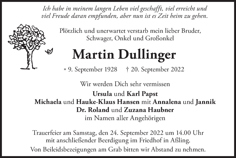  Traueranzeige für Martin Dullinger vom 22.09.2022 aus merkurtz