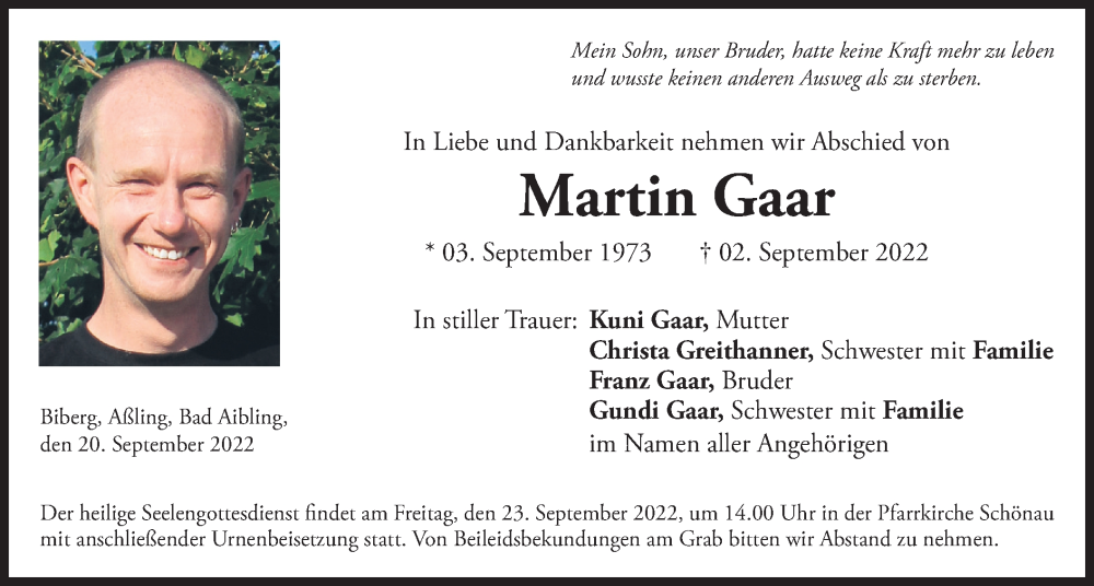  Traueranzeige für Martin Gaar vom 20.09.2022 aus merkurtz