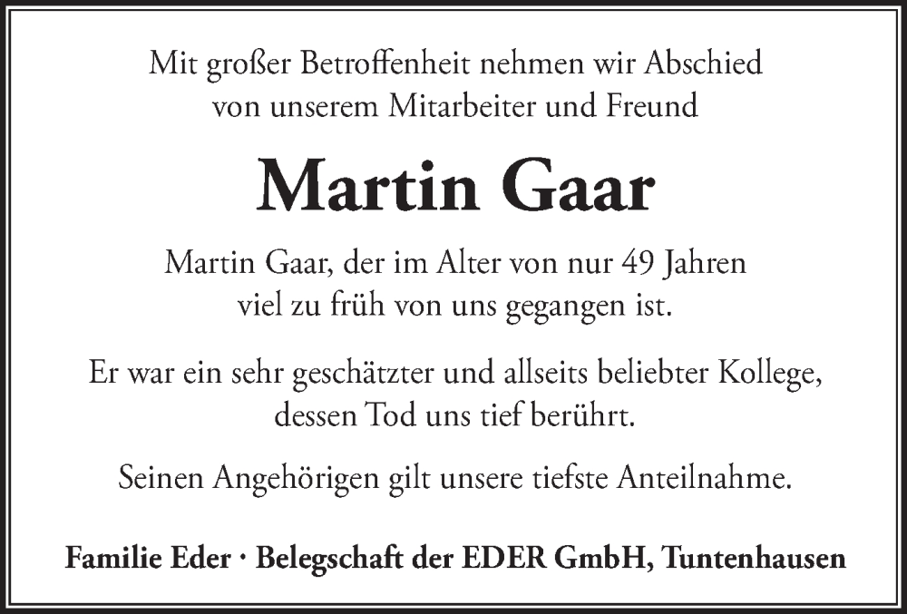  Traueranzeige für Martin Gaar vom 20.09.2022 aus merkurtz