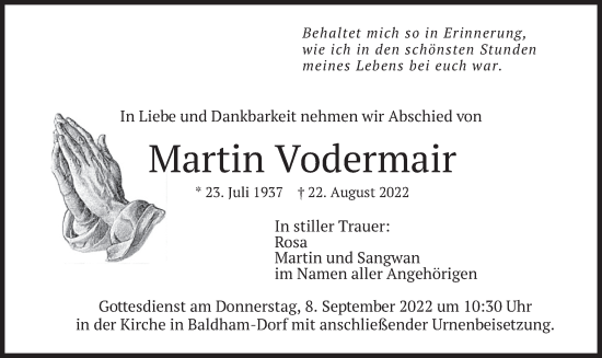 Traueranzeige von Martin Vodermair von merkurtz