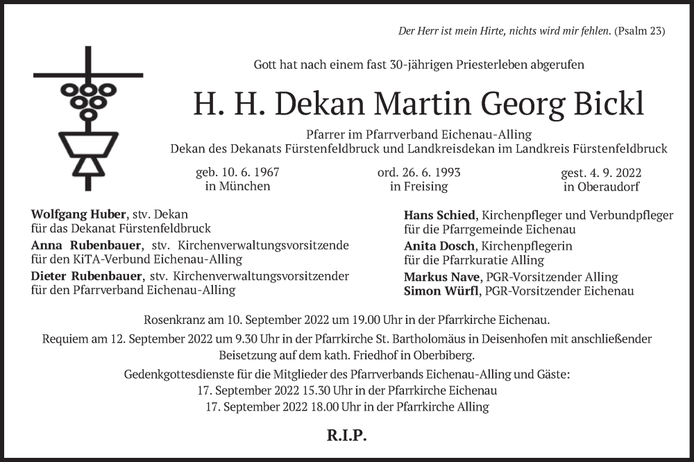  Traueranzeige für Martin Georg Bickl vom 09.09.2022 aus merkurtz