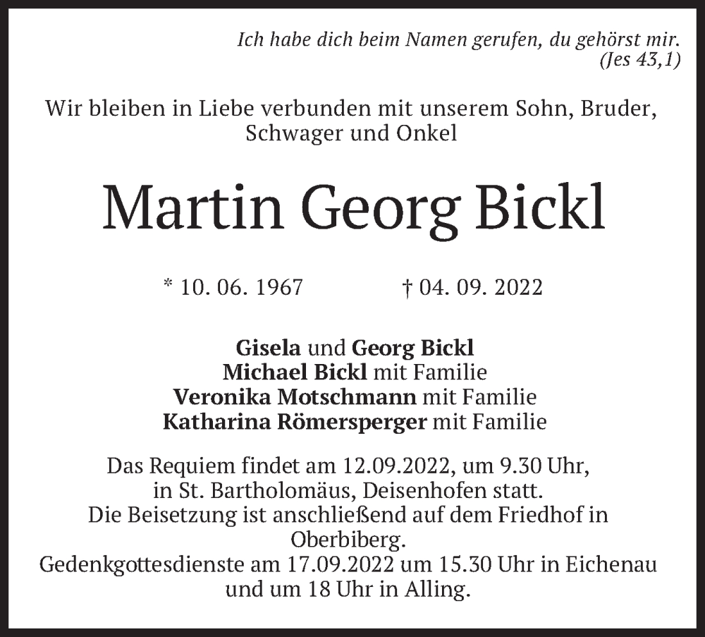  Traueranzeige für Martin Georg Bickl vom 09.09.2022 aus merkurtz