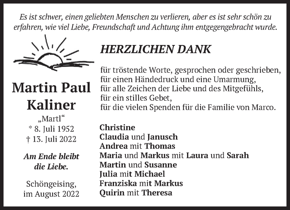  Traueranzeige für Martin Paul Kaliner vom 03.09.2022 aus merkurtz