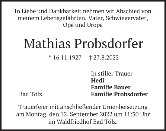 Traueranzeige von Mathias Probsdorfer von merkurtz