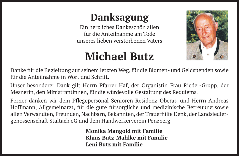  Traueranzeige für Michael Butz vom 01.10.2022 aus Das Gelbe Blatt Penzberg