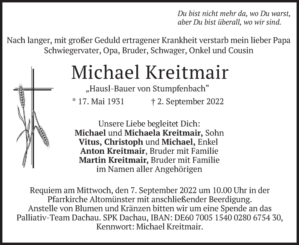  Traueranzeige für Michael Kreitmair vom 05.09.2022 aus merkurtz