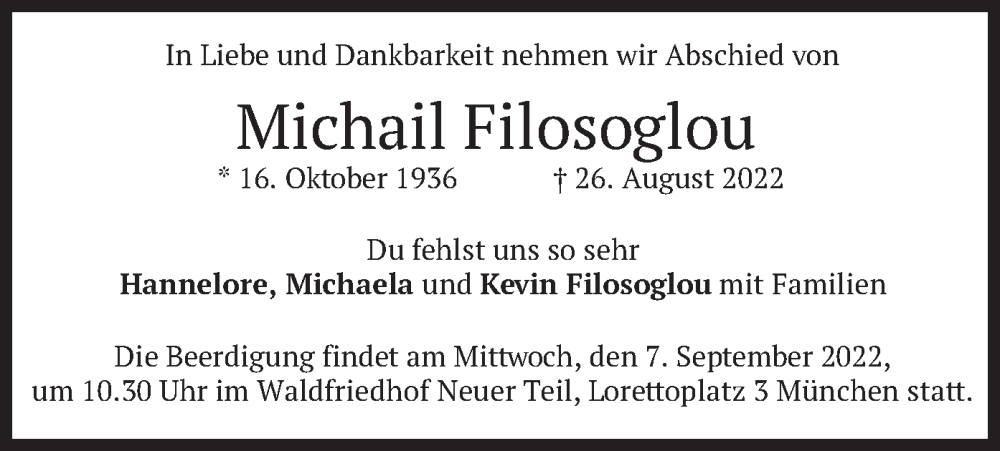  Traueranzeige für Michail Filosoglou vom 03.09.2022 aus merkurtz