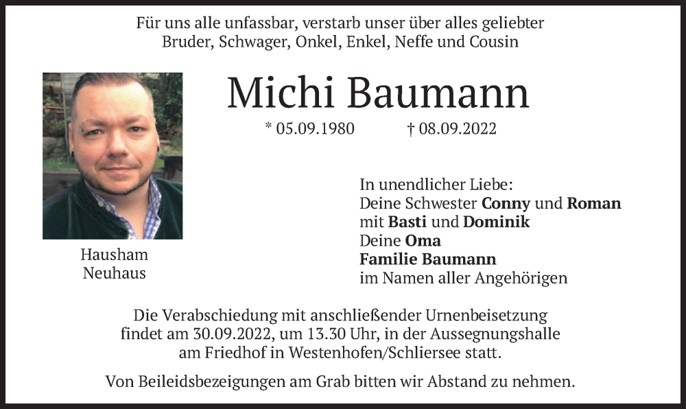  Traueranzeige für Michi Baumann vom 24.09.2022 aus merkurtz
