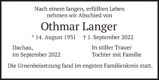 Traueranzeige von Othmar Langer von merkurtz