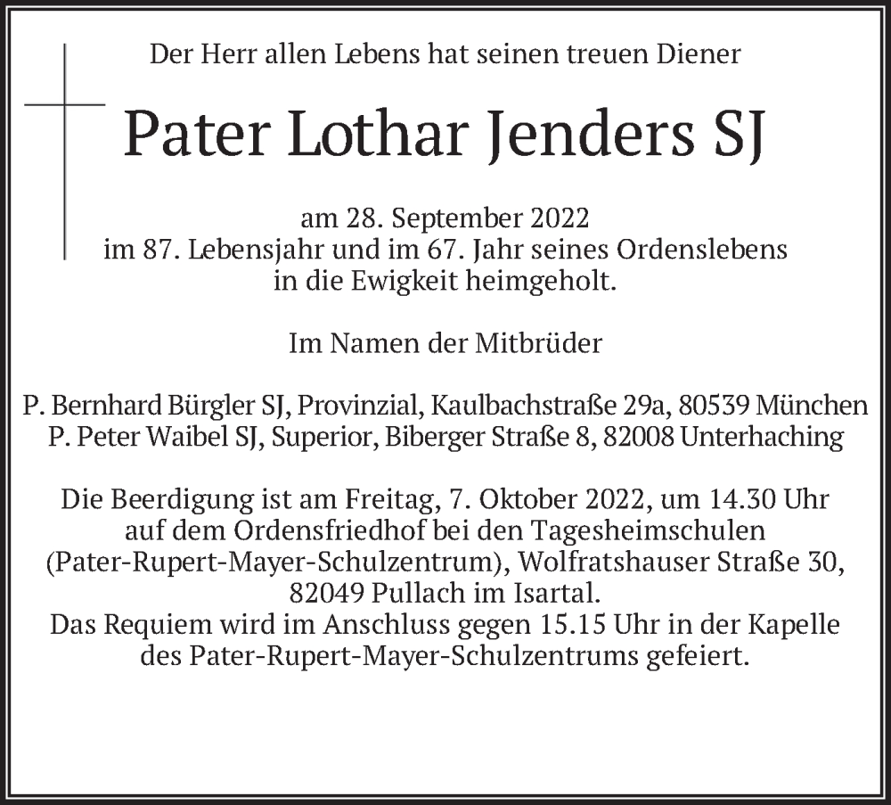  Traueranzeige für Pater Lothar Jenders SJ vom 01.10.2022 aus merkurtz