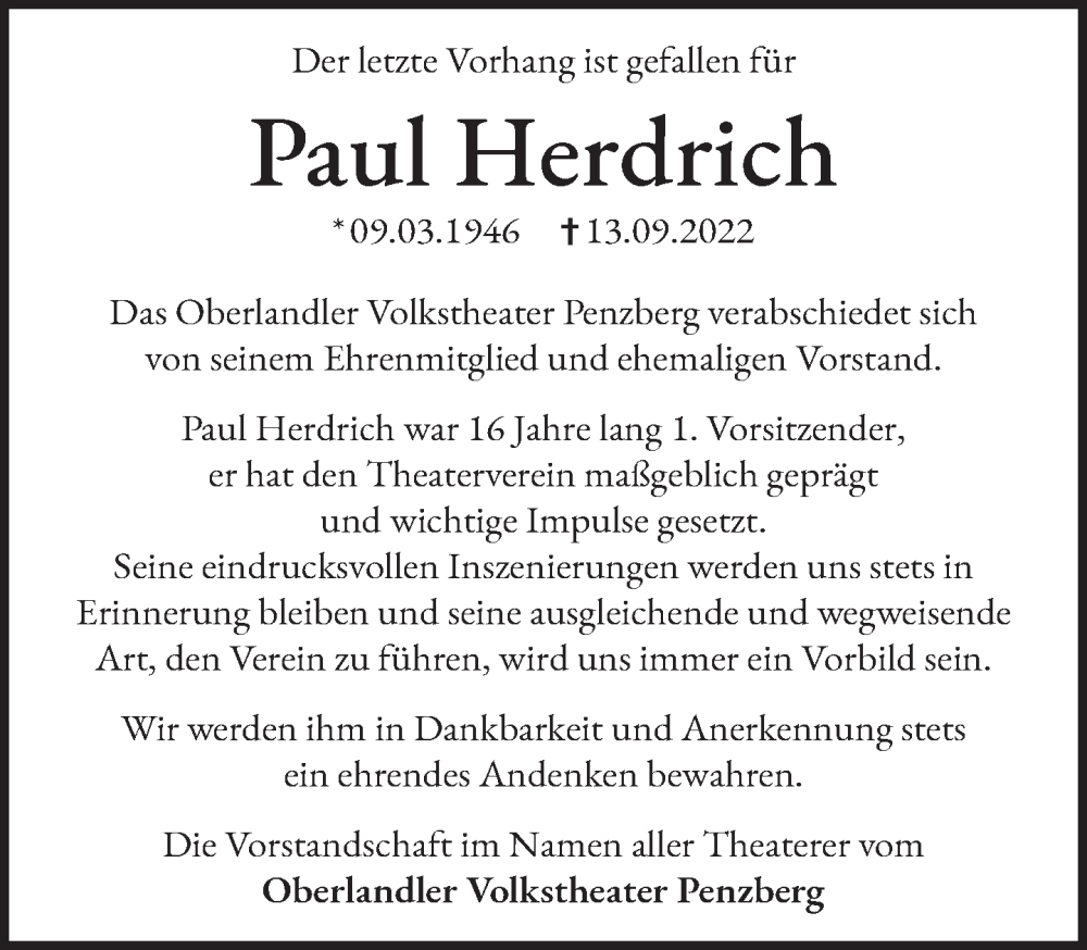  Traueranzeige für Paul Herdrich vom 17.09.2022 aus Das Gelbe Blatt Penzberg
