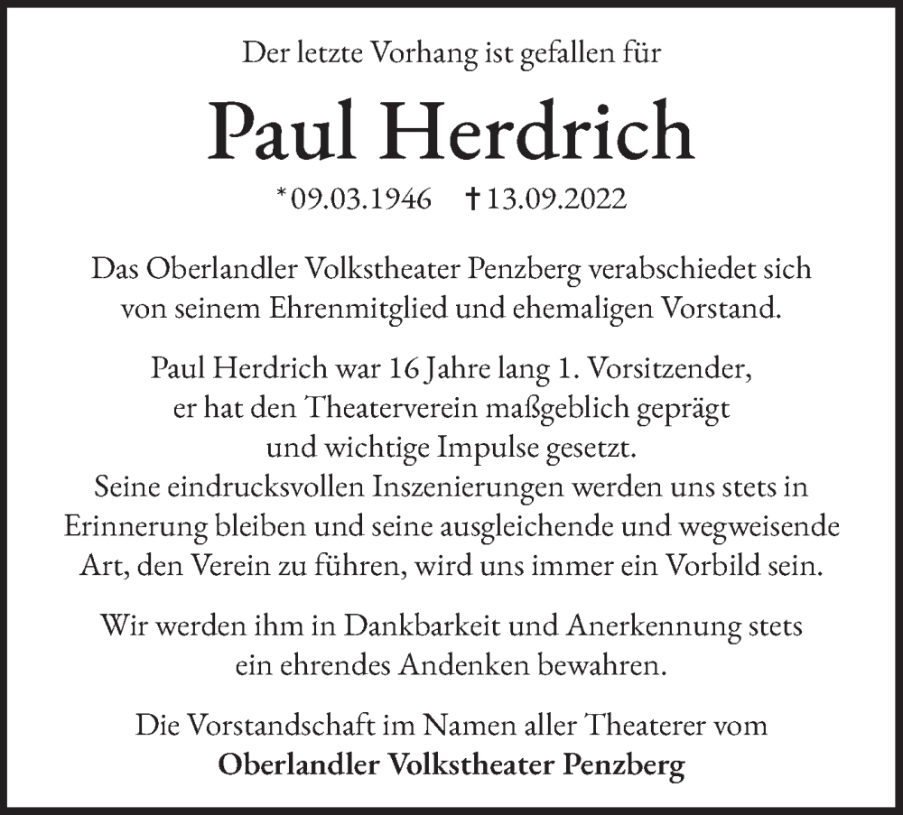  Traueranzeige für Paul Herdrich vom 17.09.2022 aus merkurtz
