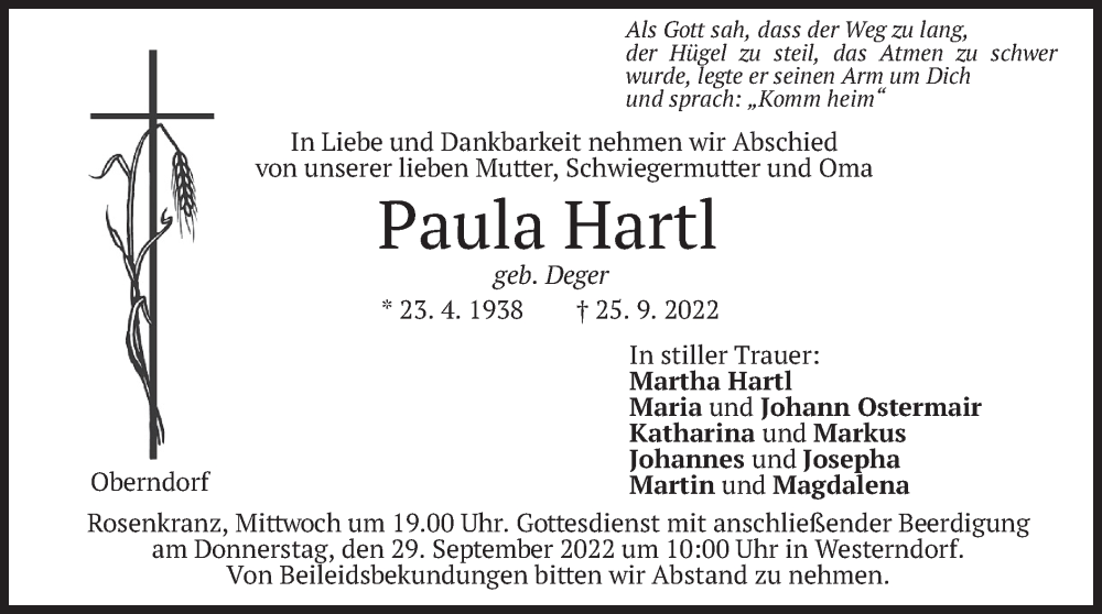  Traueranzeige für Paula Hartl vom 27.09.2022 aus merkurtz
