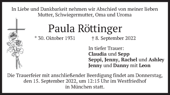 Traueranzeige von Paula Röttinger von merkurtz