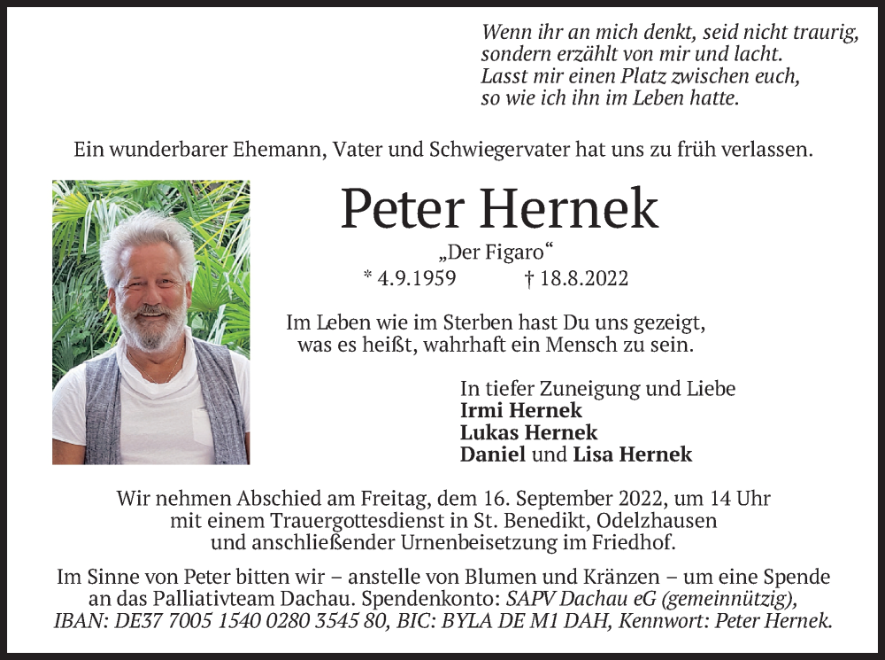  Traueranzeige für Peter Hernek vom 10.09.2022 aus merkurtz