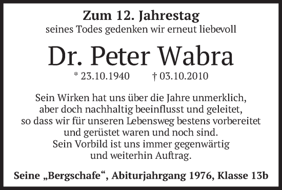 Traueranzeige von Peter Wabra von merkurtz