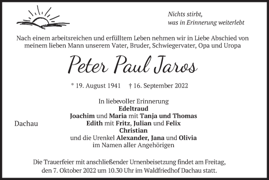 Traueranzeige von Peter Paul Jaros von merkurtz