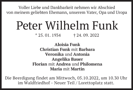 Traueranzeige von Peter Wilhelm Funk von merkurtz
