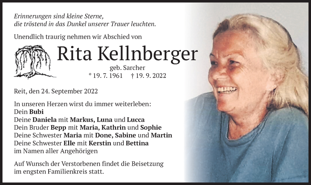  Traueranzeige für Rita Kellnberger vom 24.09.2022 aus merkurtz