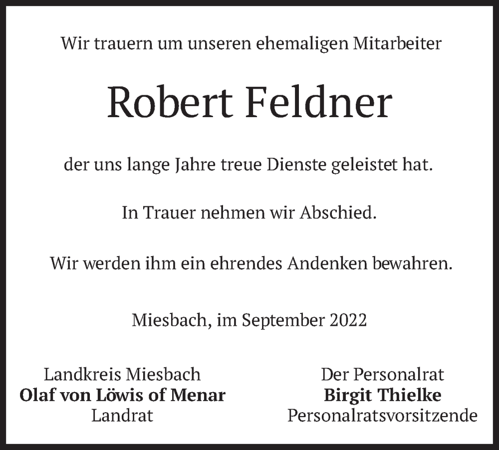  Traueranzeige für Robert Feldner vom 27.09.2022 aus merkurtz