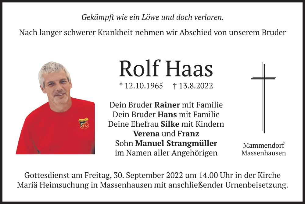  Traueranzeige für Rolf Haas vom 17.09.2022 aus merkurtz