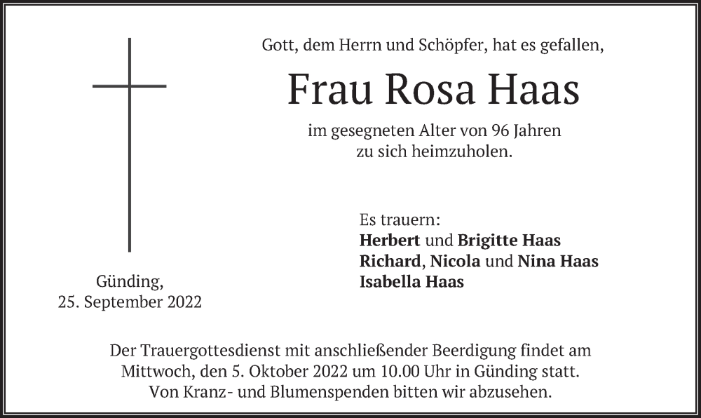  Traueranzeige für Rosa Haas vom 01.10.2022 aus merkurtz