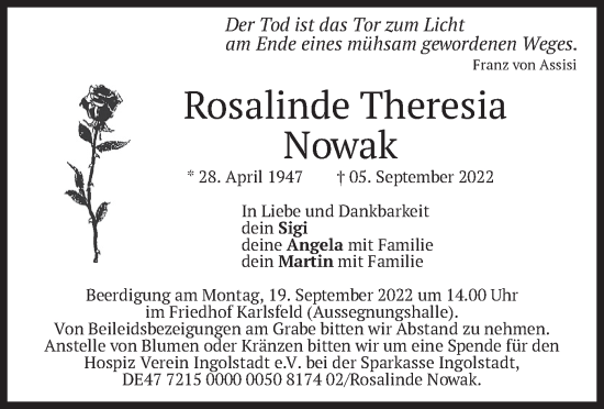 Traueranzeige von Rosalinde Theresia Nowak von merkurtz