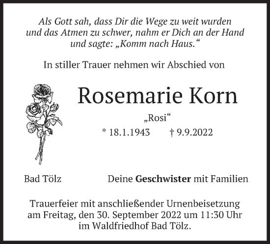 Traueranzeige von Rosemarie Korn von merkurtz