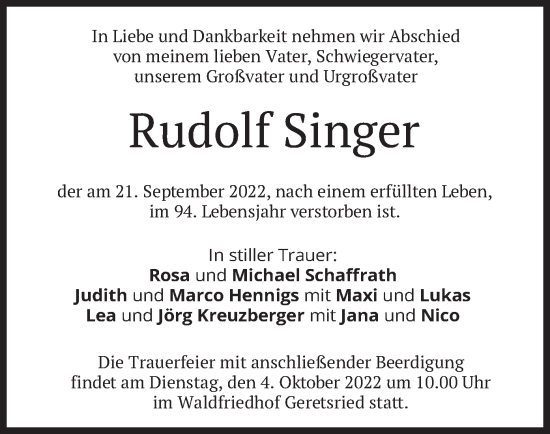 Traueranzeige von Rudolf Singer von merkurtz