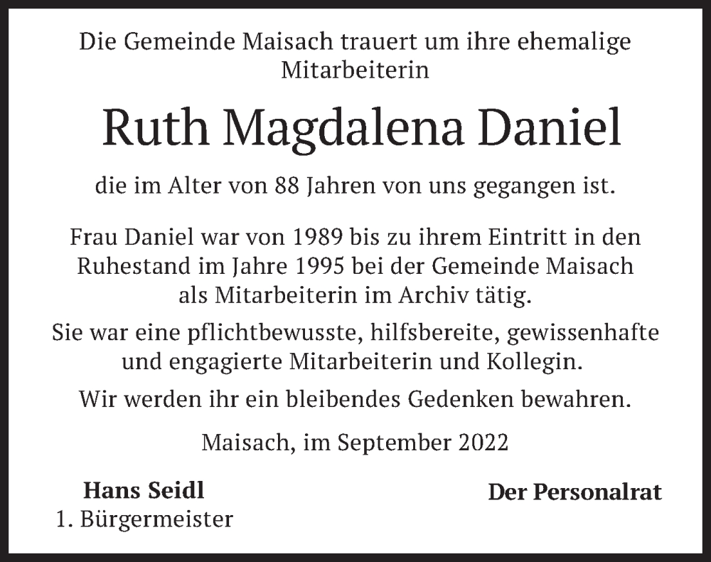  Traueranzeige für Ruth Magdalena Daniel vom 15.09.2022 aus merkurtz