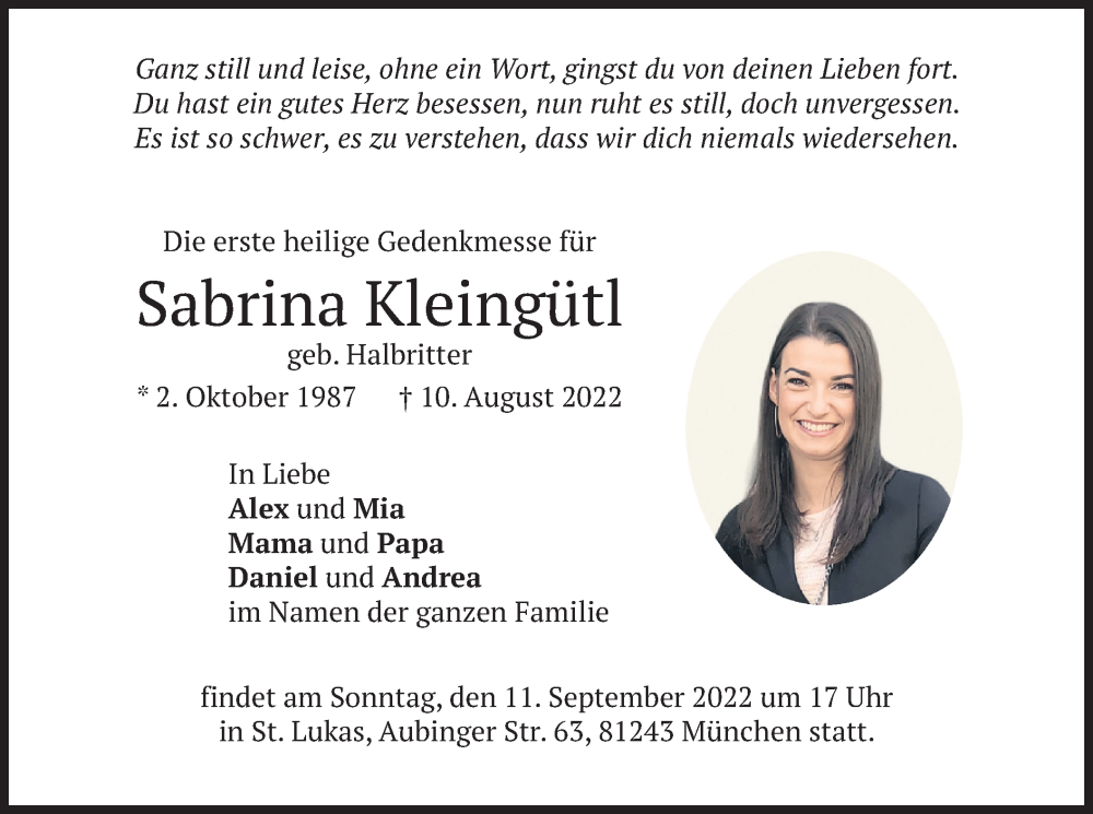  Traueranzeige für Sabrina Kleingütl vom 08.09.2022 aus merkurtz