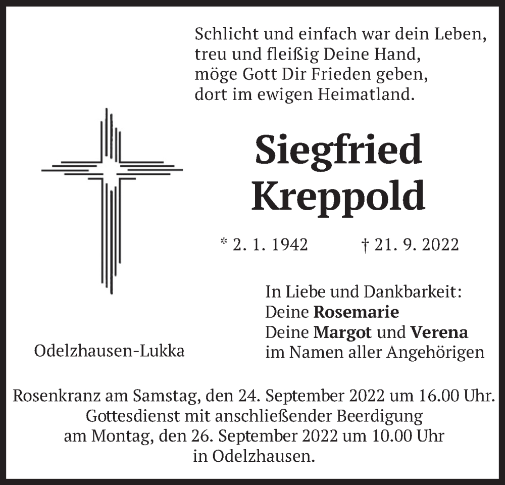  Traueranzeige für Siegfried Kreppold vom 23.09.2022 aus merkurtz