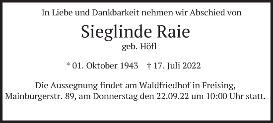 Traueranzeige von Sieglinde Raie von merkurtz