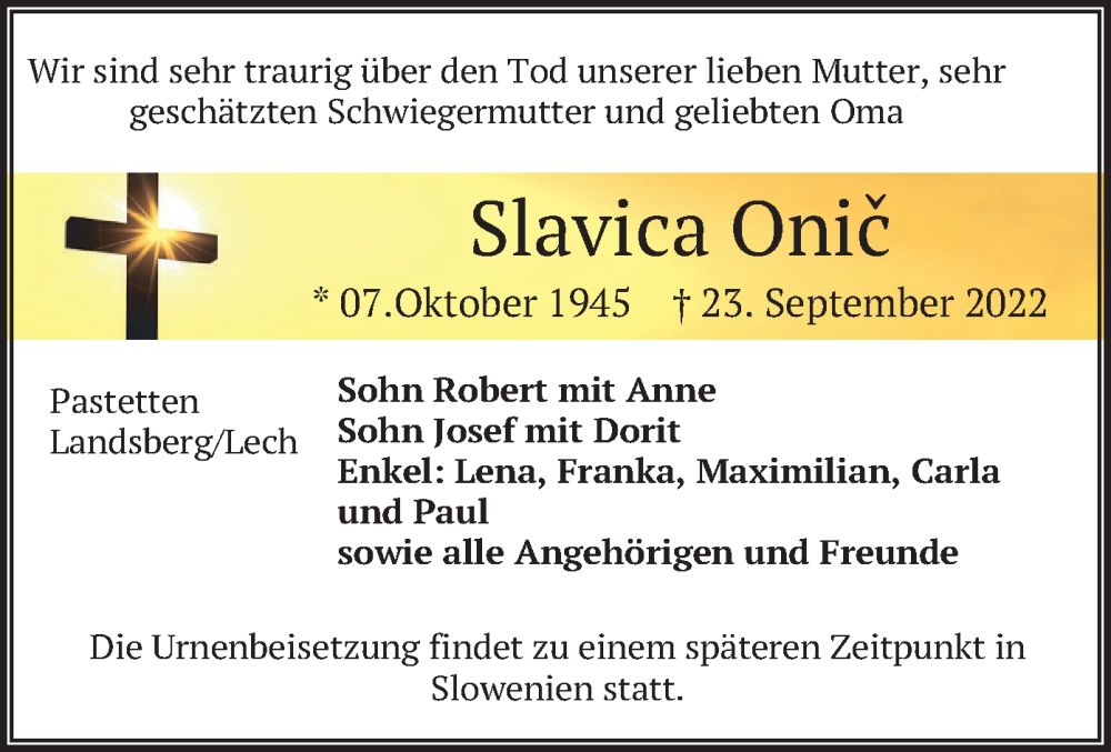  Traueranzeige für Slavica Onic vom 26.09.2022 aus merkurtz