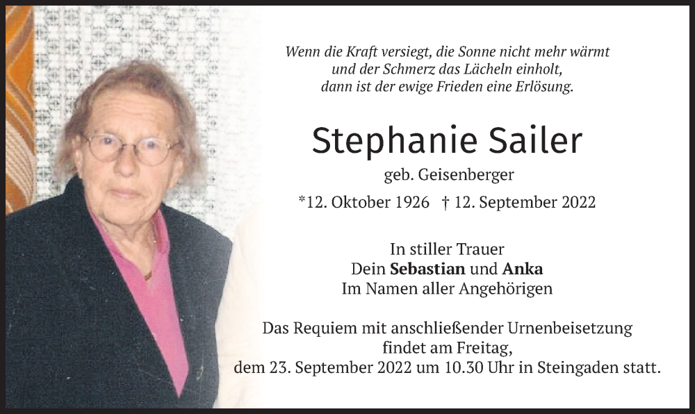  Traueranzeige für Stephanie Sailer vom 21.09.2022 aus merkurtz