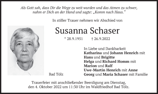 Traueranzeige von Susanna Schaser von merkurtz