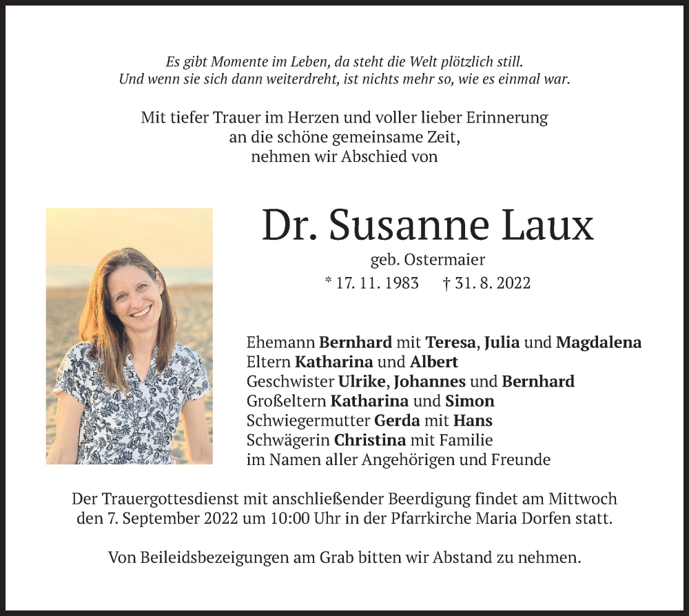  Traueranzeige für Susanne Laux vom 05.09.2022 aus merkurtz
