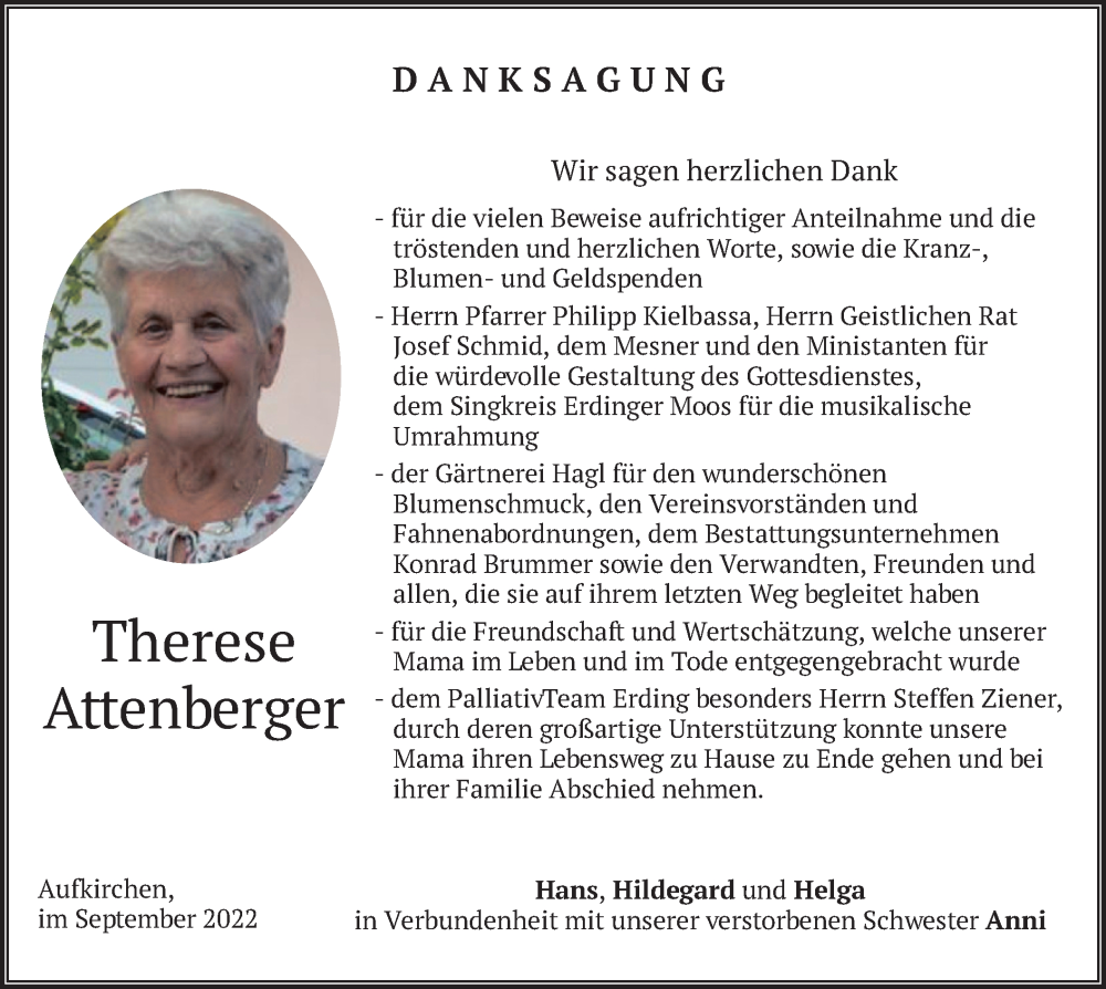  Traueranzeige für Therese Attenberger vom 10.09.2022 aus merkurtz