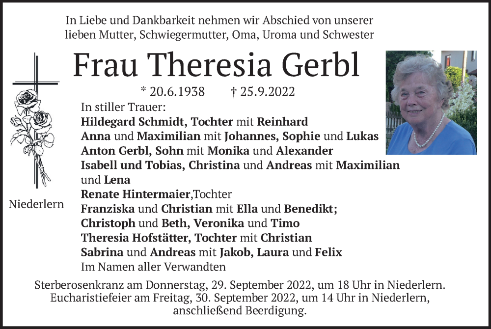  Traueranzeige für Theresia Gerbl vom 28.09.2022 aus merkurtz